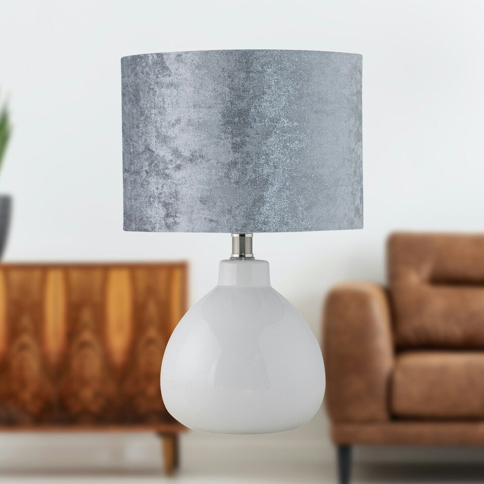 image 1 of First Choice Lighting Set of 2 Tuscan White Ceramic Lamps with Grey Crushed Velvet Shade White | Grey