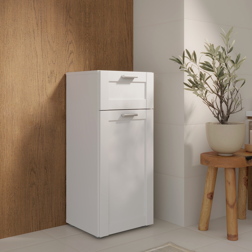 image 1 of Lokko Bathroom Storage Unit with 1 Door & 1 Drawer with Silver Handles in White