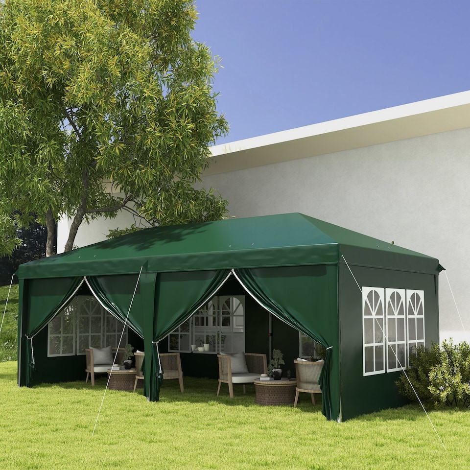 image 1 of Outsunny 3 x 6 m Garden Pop Up Gazebo, Wedding Party Tent Marquee, Water Resistant Awning Canopy with Sidewalls, Windows, Carry Bag, Green