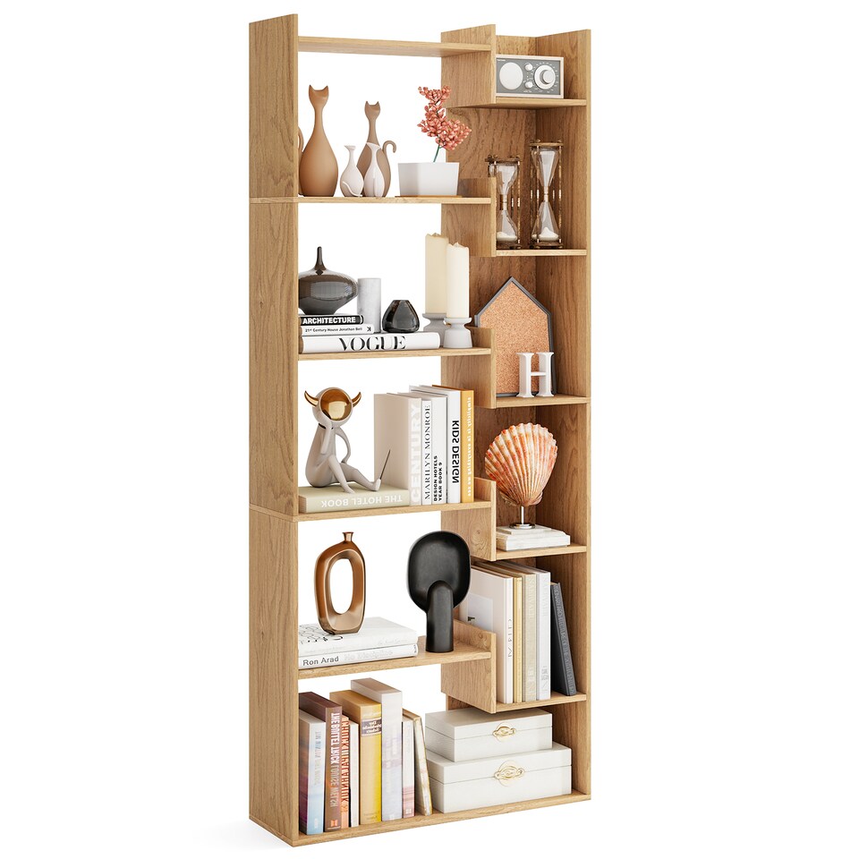 image 1 of COSTWAY Geometric Bookshelf 6 Tier Wooden Bookcase Storage Shelving Unit Natural