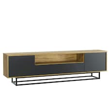 TV Unit 200cm Oak Body with Black Doors and Drawer on Metal Base Multi | Oak & Black