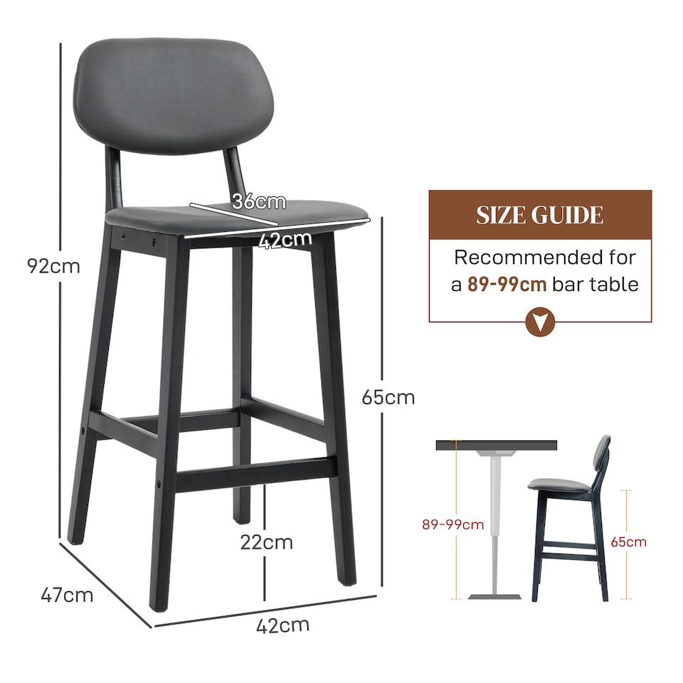 image 1 of HOMCOM Breakfast Bar stools Set of 2 with PU Leather Cover, Wood Legs, Dark Grey