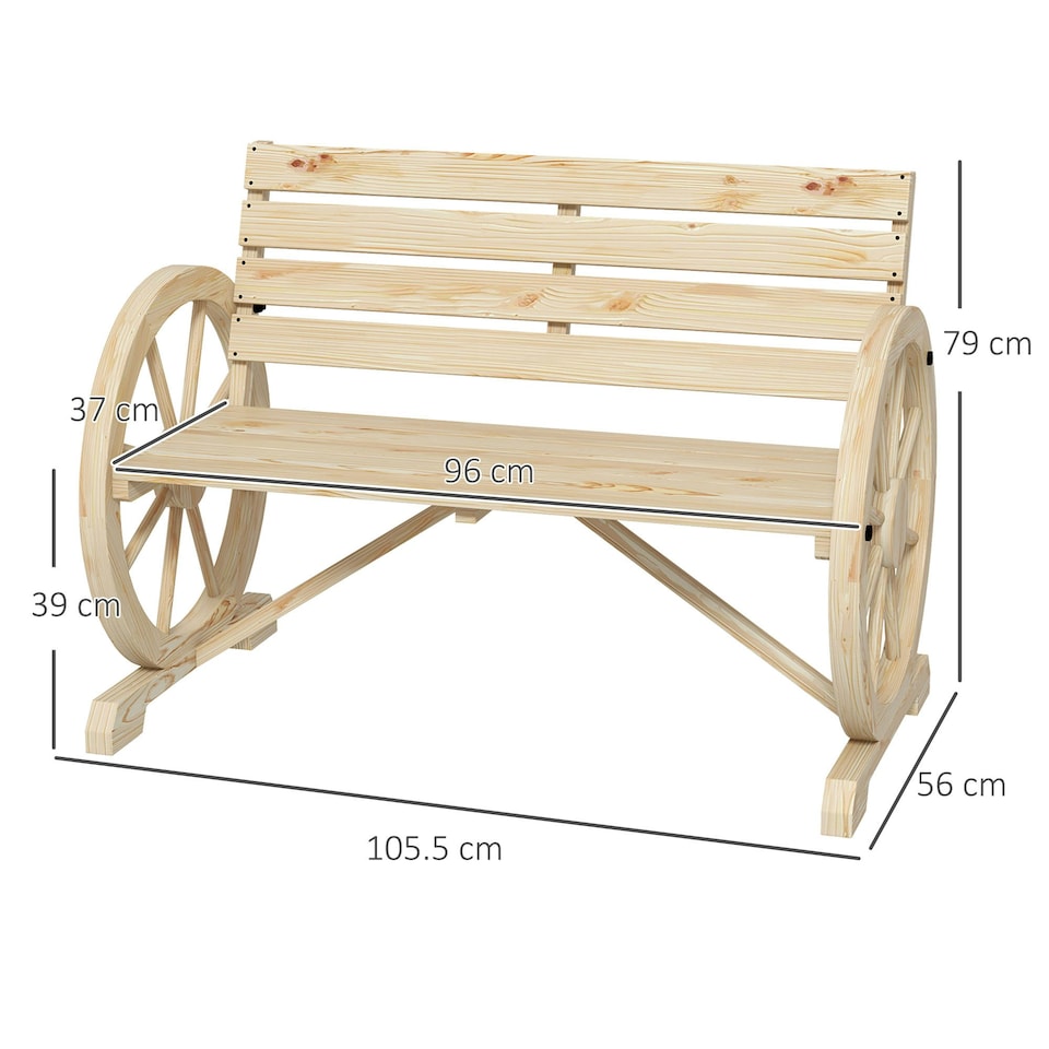 image 1 of Outsunny 2 Seater Garden Bench w/ Wooden Cart Wagon Wheel Natural