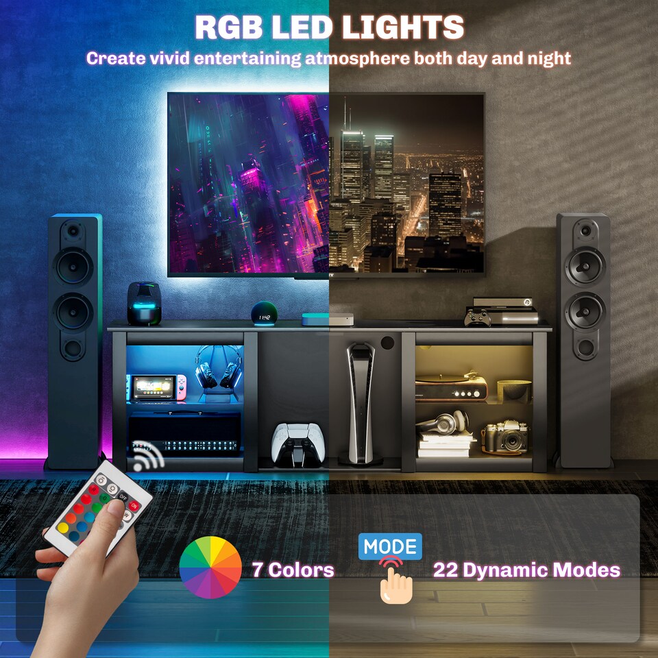 image 1 of HOMCOM TV Unit with LED Lights for TV up to 65 Inch, 160cm TV Stand Cabinet with Adjustable Glass Shelves, Open Compartments for Gaming Consoles, TV Cabinet for Living Room, Bedroom, Black