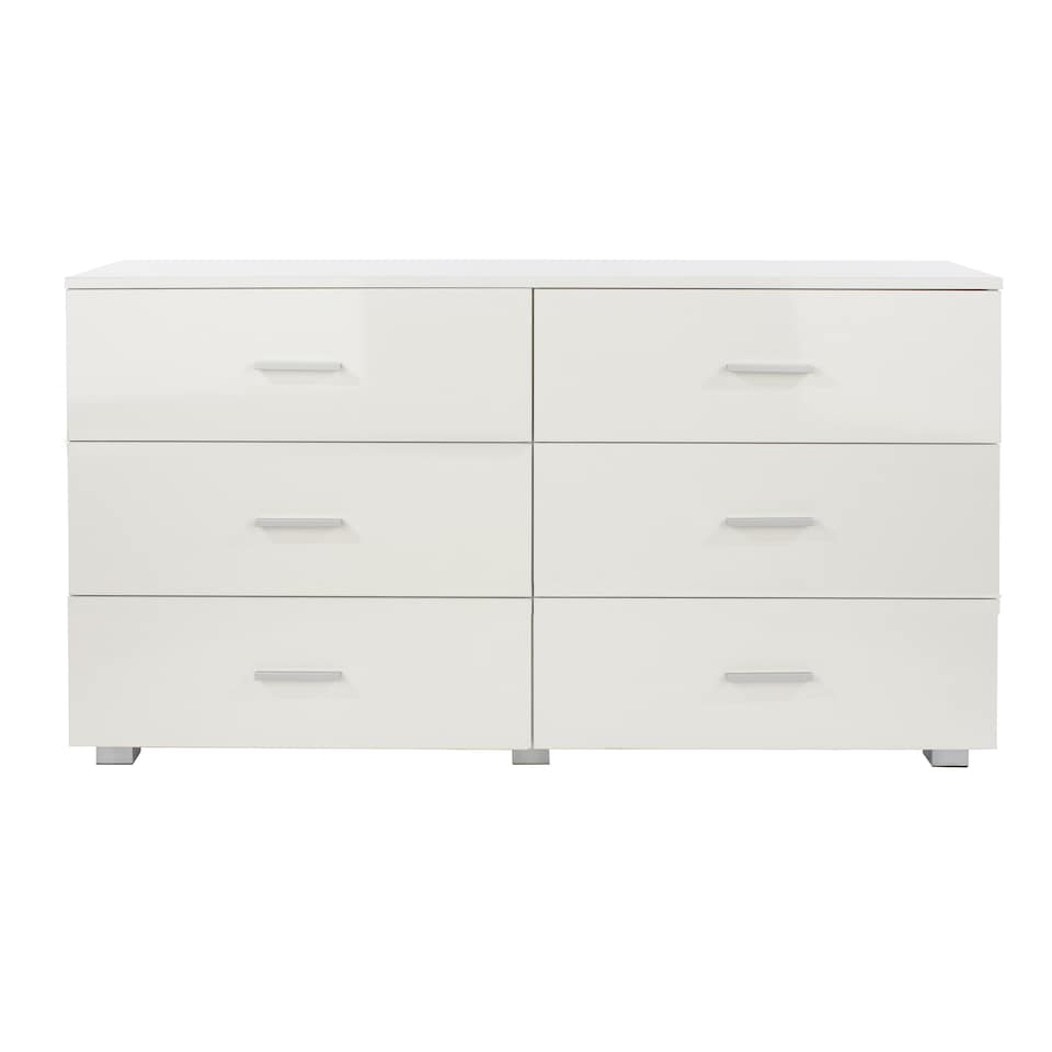 image 1 of Lido 3+3 Drawer White Gloss Wide Chest of Drawers - White High Gloss Bedroom Storage with Matte Silver Handles | White | White | 1
