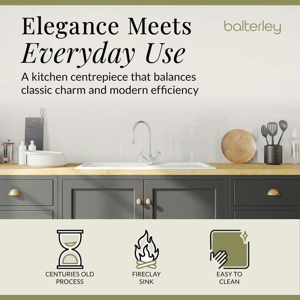 image 1 of Single Bowl Fireclay Inset Kitchen Sink & Drainer, Mixer Tap & Wastes, 1010mm