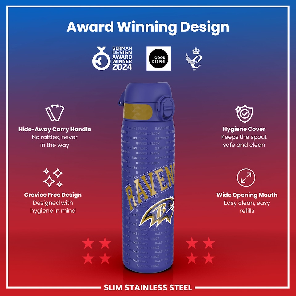 image 1 of Leak Proof Slim Water Bottle, Stainless Steel, NFL, 600ml (20oz) | Blue | NFL Ravens | One Size