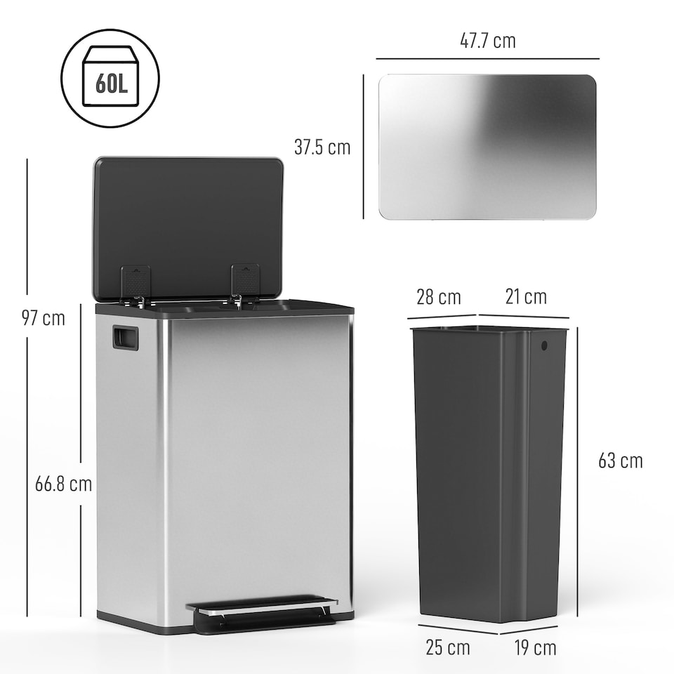 image 1 of HOMCOM 2 x 30L Double Kitchen Bin, Pedal Bin with Soft-Close Lid, Silver