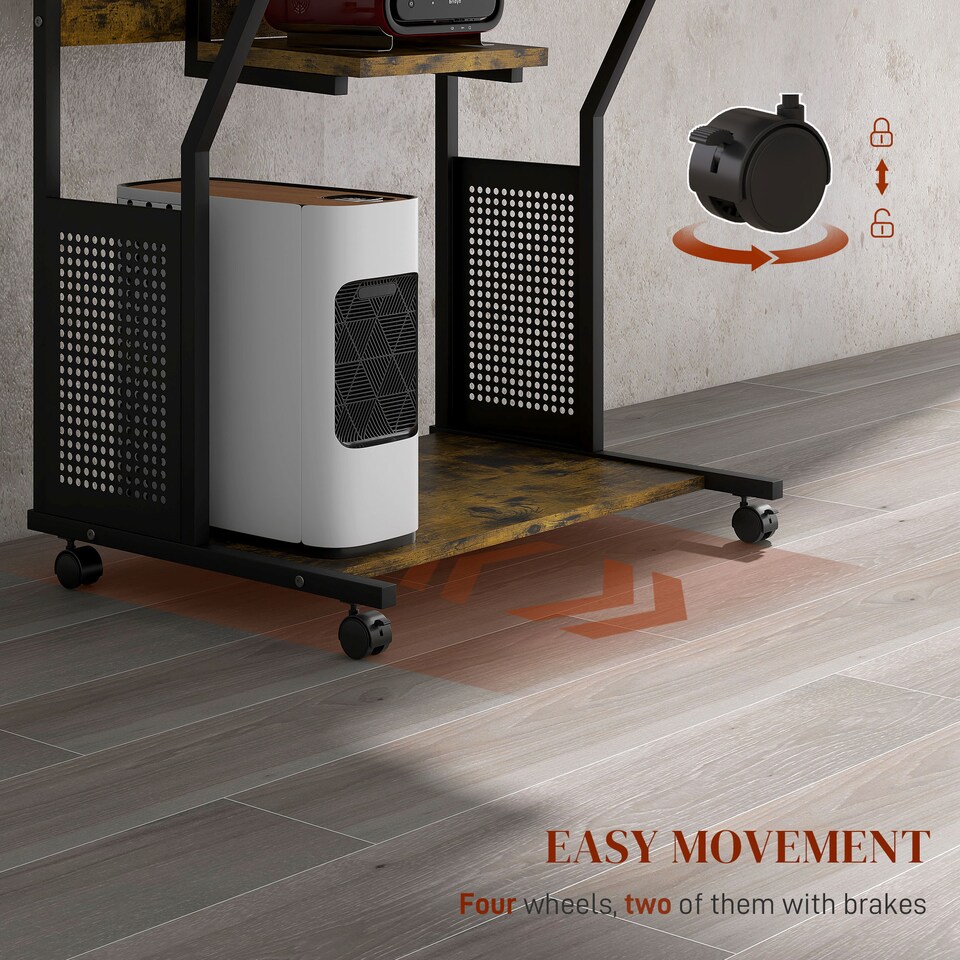 image 1 of HOMCOM Mobile Computer Desk with Keyboard Tray, Rolling Study Table with Storage Shelves and Wheels, Industrial Writing Desk for Home Office, 80 x 50 x 130cm, Rustic Brown