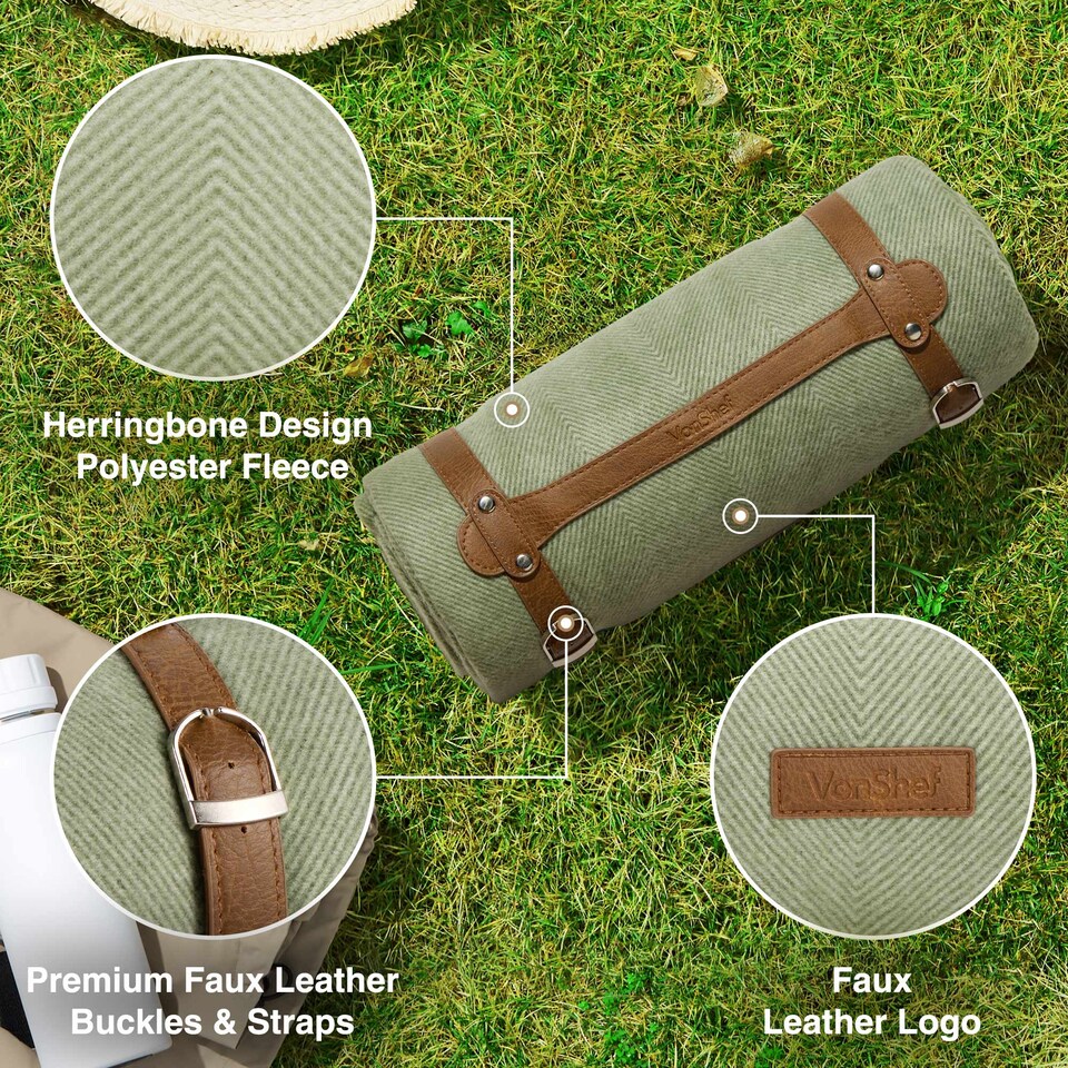 image 1 of VonShef Picnic Blanket - Green Herringbone