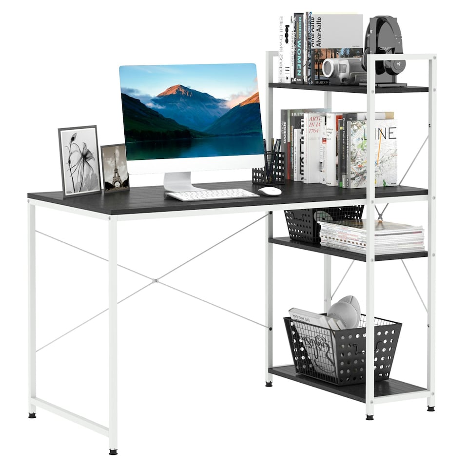 image 1 of HOMCOM Computer Desk Laptop Table w/4-tier Bookshelf Metal Frame Black, White