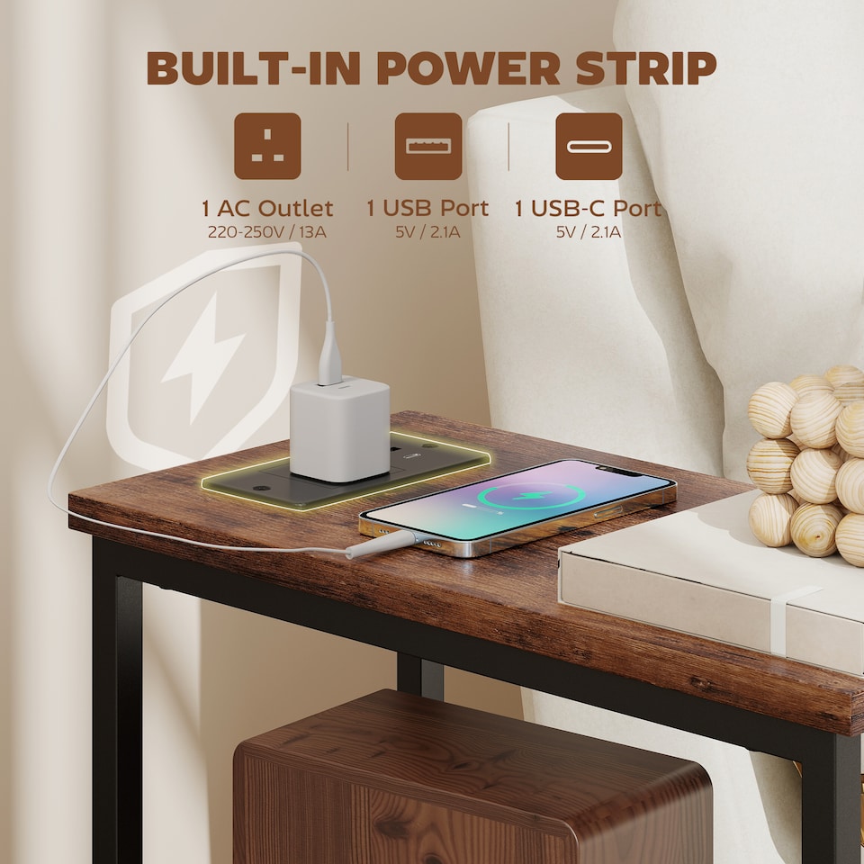 image 1 of HOMCOM Side Table, Narrow Bedside Table with Charging Station, 2 Drawers | Brown | Rustic Brown