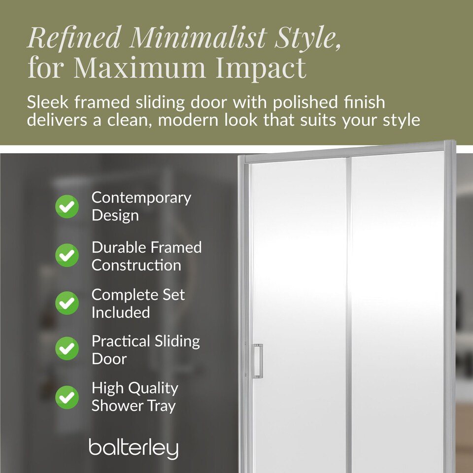 image 1 of Balterley Sliding Shower Door Suite: Safety Glass Sliding Door, Side Panel & Resin Shower Tray | Silver | Chrome | 3