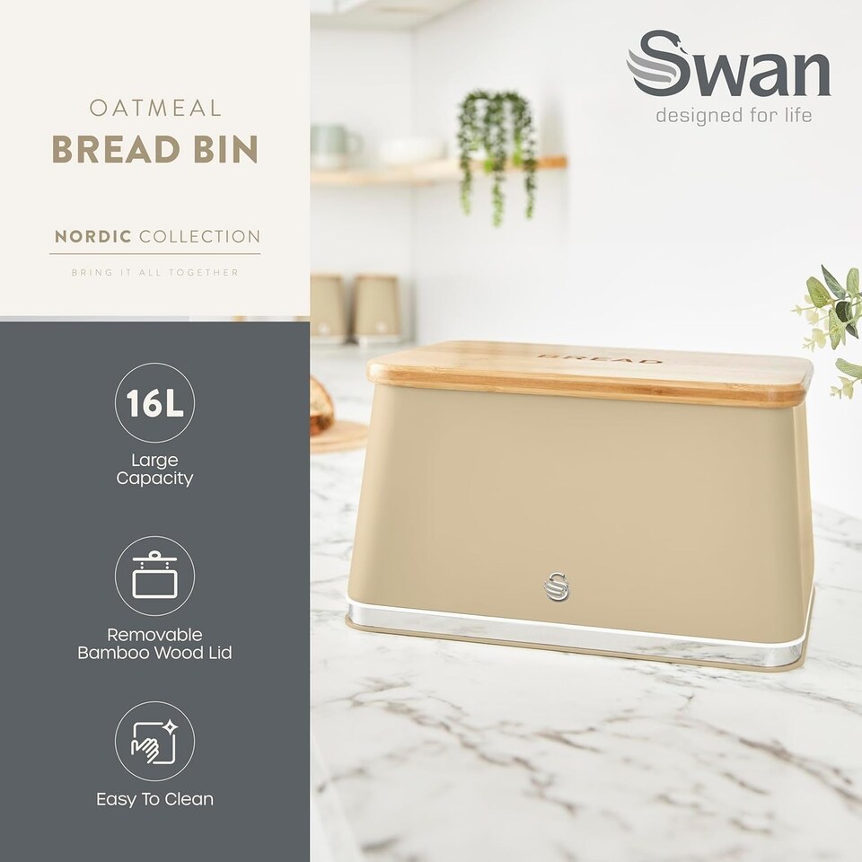 image 1 of Swan Nordic Oatmeal 1.7L 3KW Kettle, 2 Slice Toaster, Breadbin and Canisters Kitchen Set