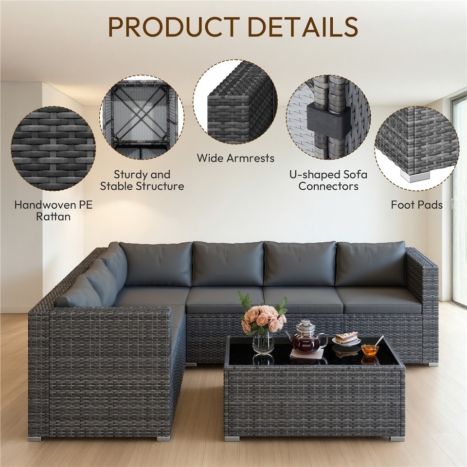 image 1 of Yaheetech 7-Piece Modular PE Rattan Patio Furniture with Thick Cushions-Grey