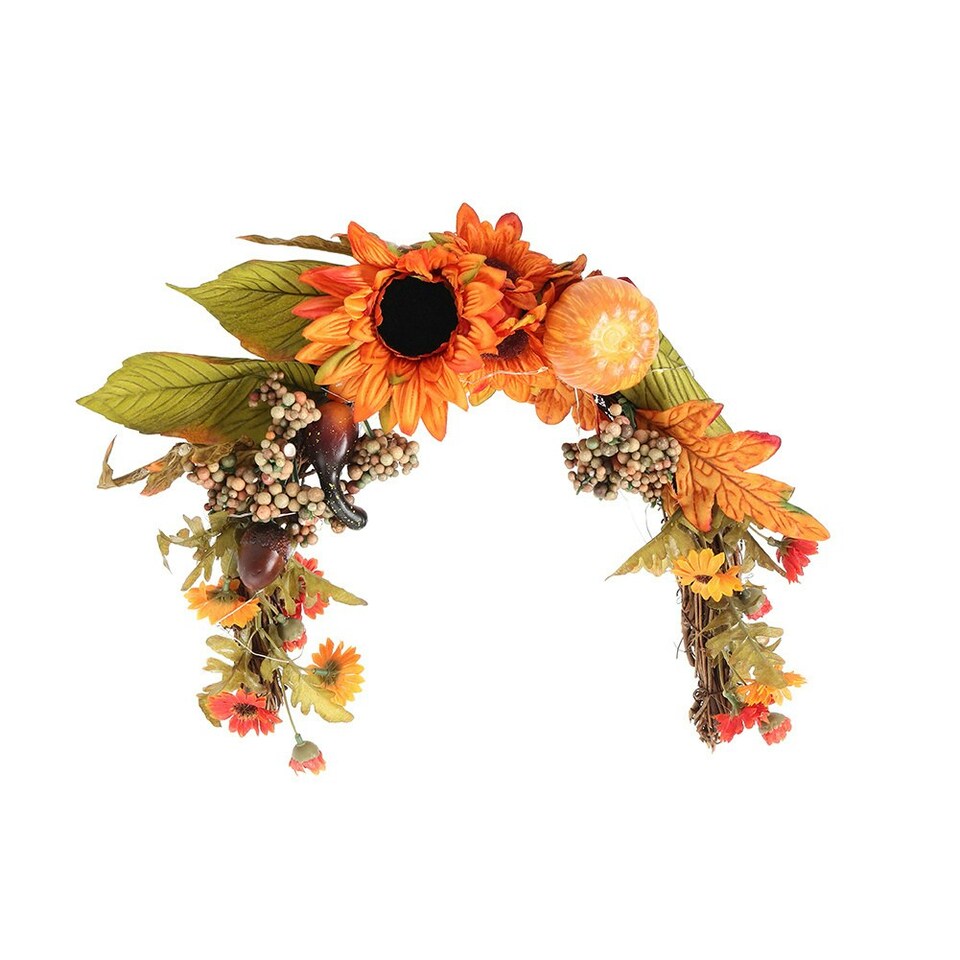 image 1 of Living and Home Artificial Sunflower Wreath with Pumpkins - Halloween Hanging Decor
