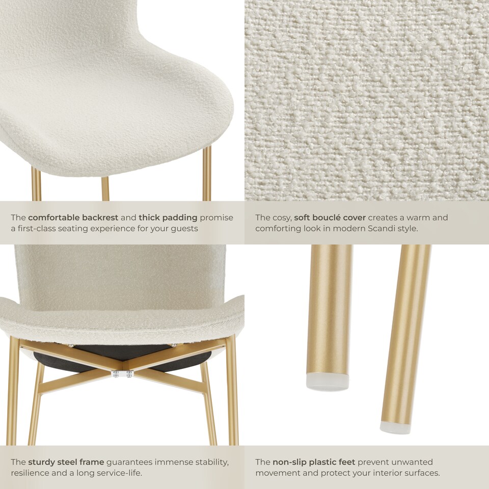 image 1 of Dining Chair Tessa - ergonomic high backrest, slim steel legs, soft fabric | White | Bouclé white/gold | 1