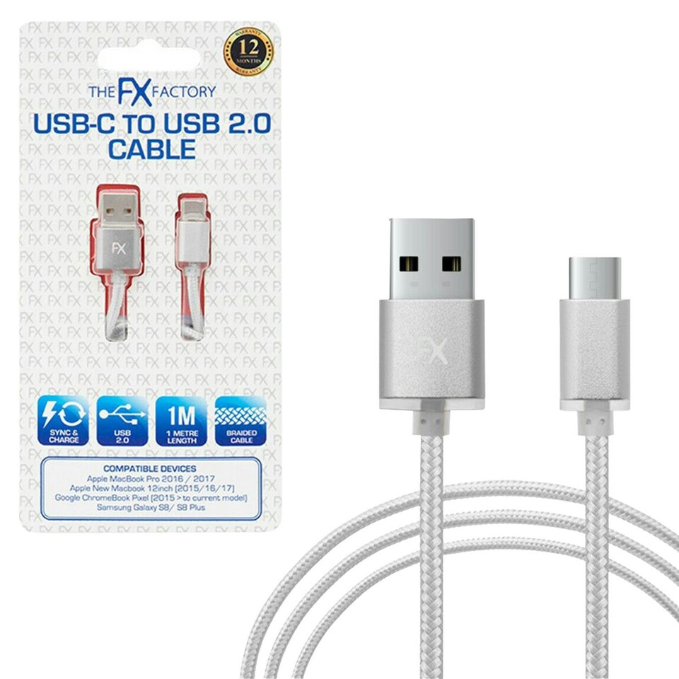 image 1 of FX Nylon Braided USB Data Cable For Type C Smartphone Devices, Silver