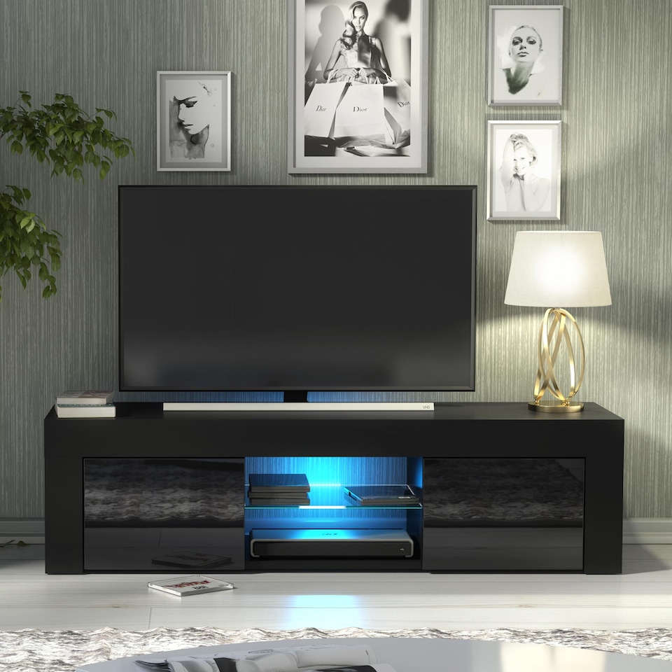 image 1 of TV Unit TV Stand Cabinet Sideboard Black High Gloss Doors Free LED 130cm