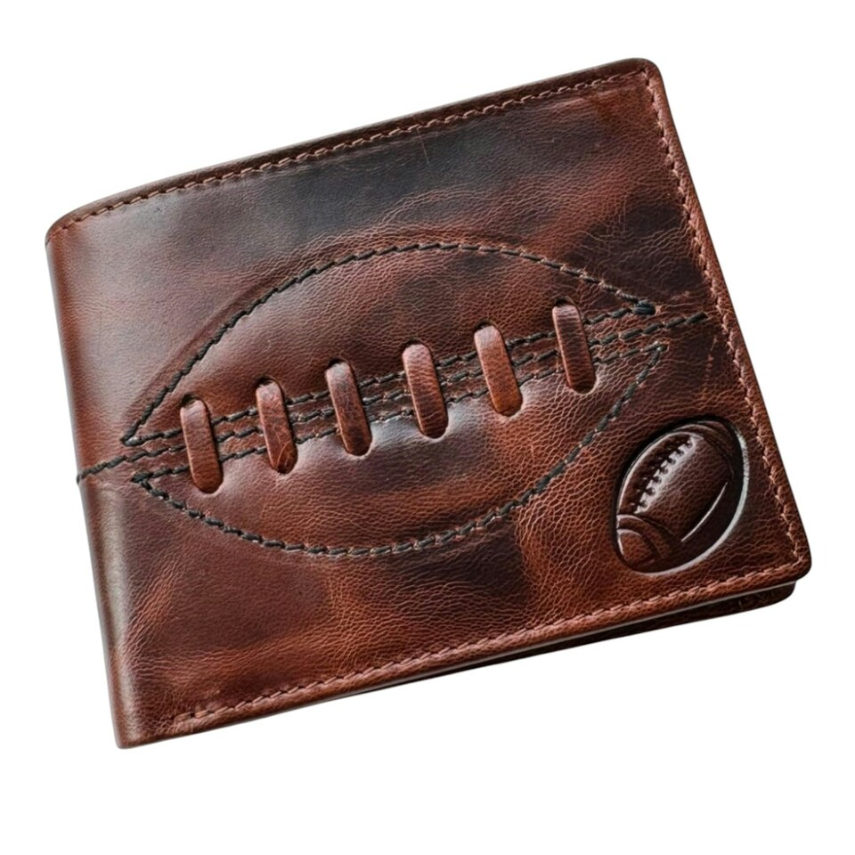 image 1 of SPORTGIFTZ - Buffalo Leather Rugby Wallet | RFID Protection | 7 Card Slots | Coin Pouch & ID Holder | Rugby Fan Accessory | Multicoloured, 10cm x 8cm, Leather Brown