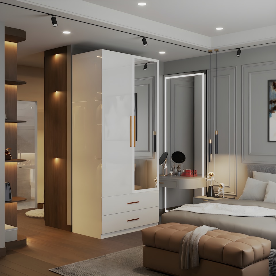 image 1 of Modern 2 Door High Gloss Wardrobe with Mirror, Drawers & Hanging Rail