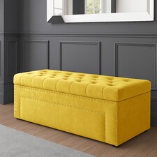 90cm Duke Ottoman Storage Box -Upholstered Blanket Box - Mustard Gold Plush Velvet Multifunctional Storage Box