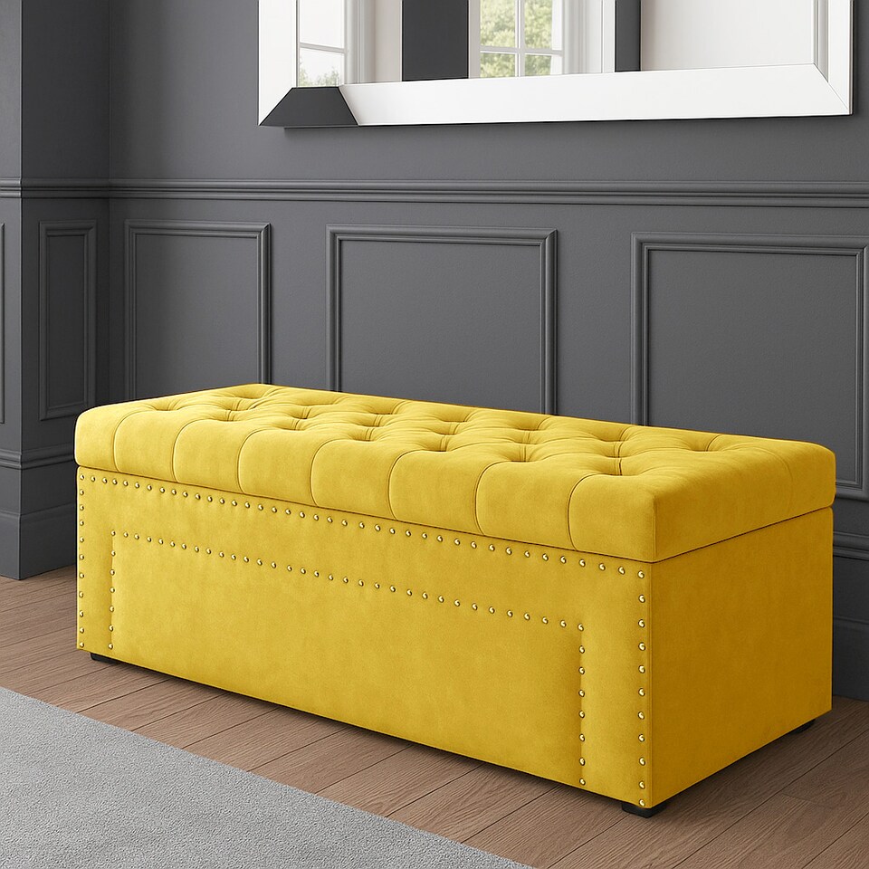image 1 of 90cm Duke Ottoman Storage Box -Upholstered Blanket Box - Mustard Gold Plush Velvet Multifunctional Storage Box