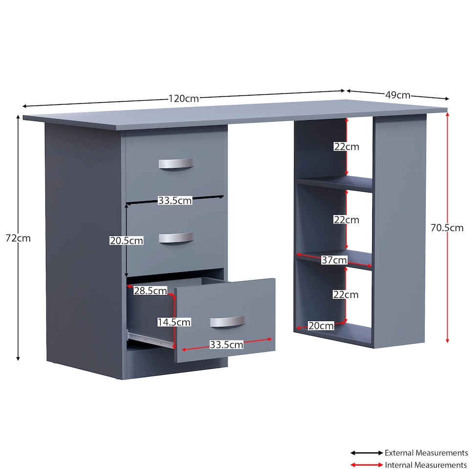 image 1 of Vida Designs Mason 3 Drawer 3 Shelf Computer Desk Home Office Workstation, Grey
