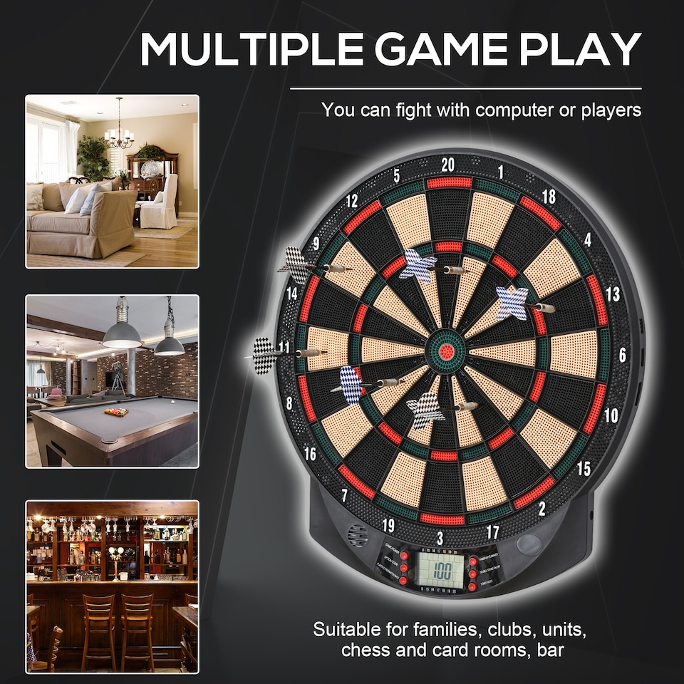 image 1 of HOMCOM LCD Electronic Dartboard Set Features 26 Games w/ 185 Variations and Include 6 Darts Multi-Game Option Ready-to-Play
