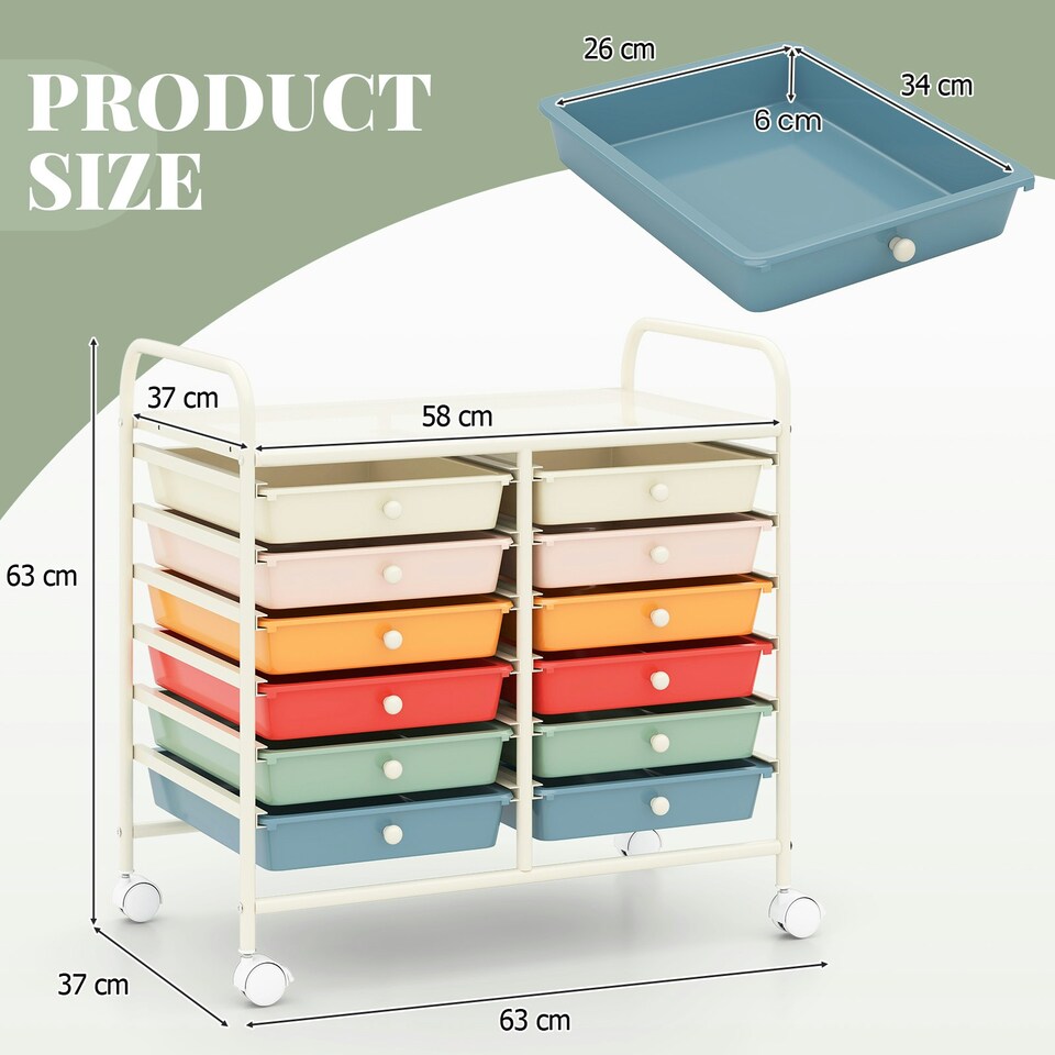 image 1 of COSTWAY 12 Drawers Utility Cart Storage Rolling Macaron
