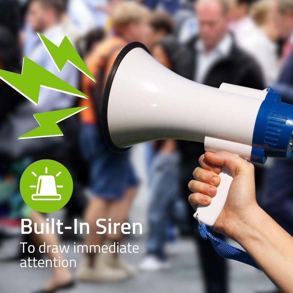 image 1 of NEDIS 10W Megaphone, 250m Range with Built-in Microphone, Siren, Adjustable Volume, Record Function - White & Blue