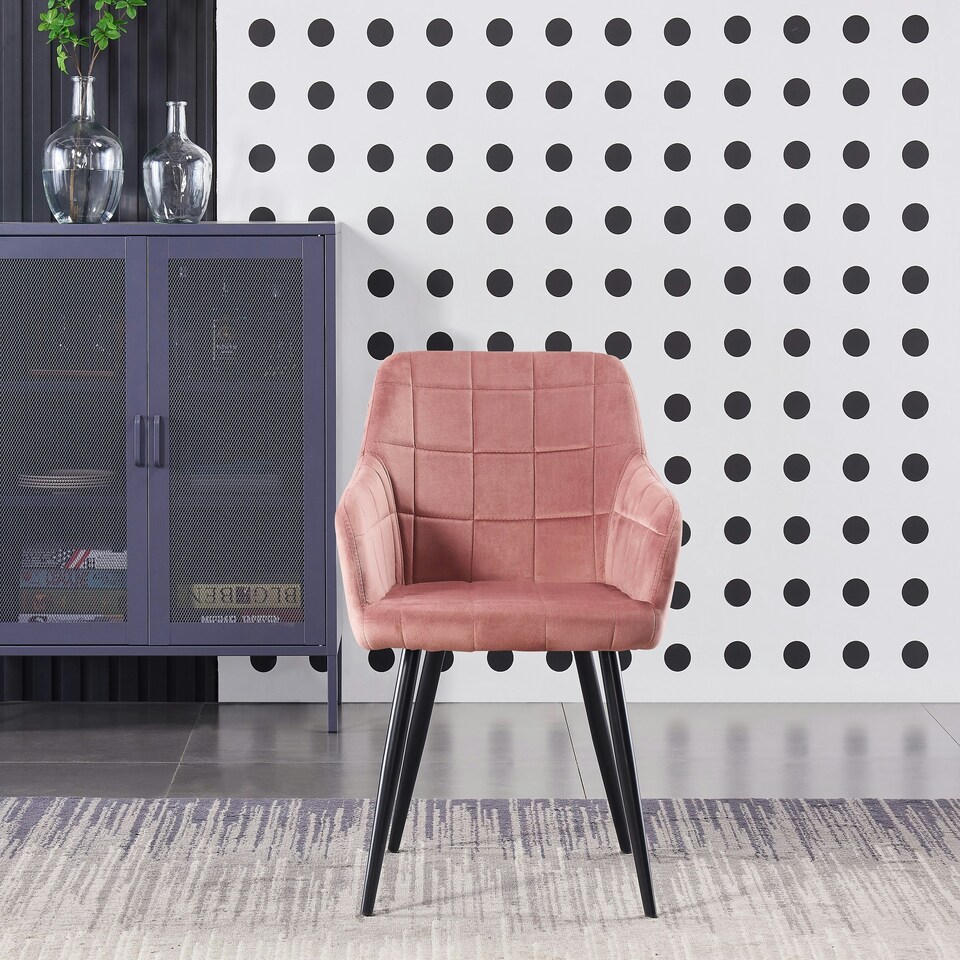 image 1 of Set of 6 Camden Modern Velvet Dining Chairs with Armrests, Quilted Design & Black Metal Legs Pink