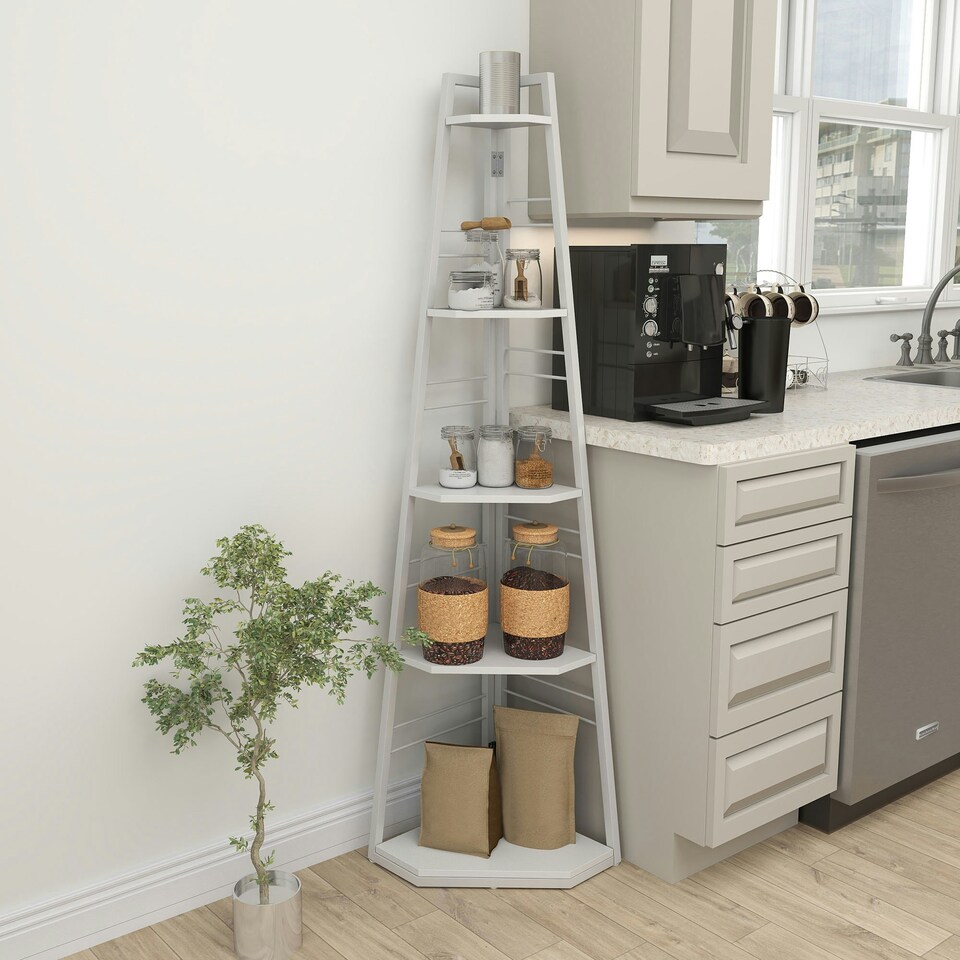 image 1 of HOMCOM 5-Tier Corner Shelf, Shelving Unit with Adjustable Feet, White White