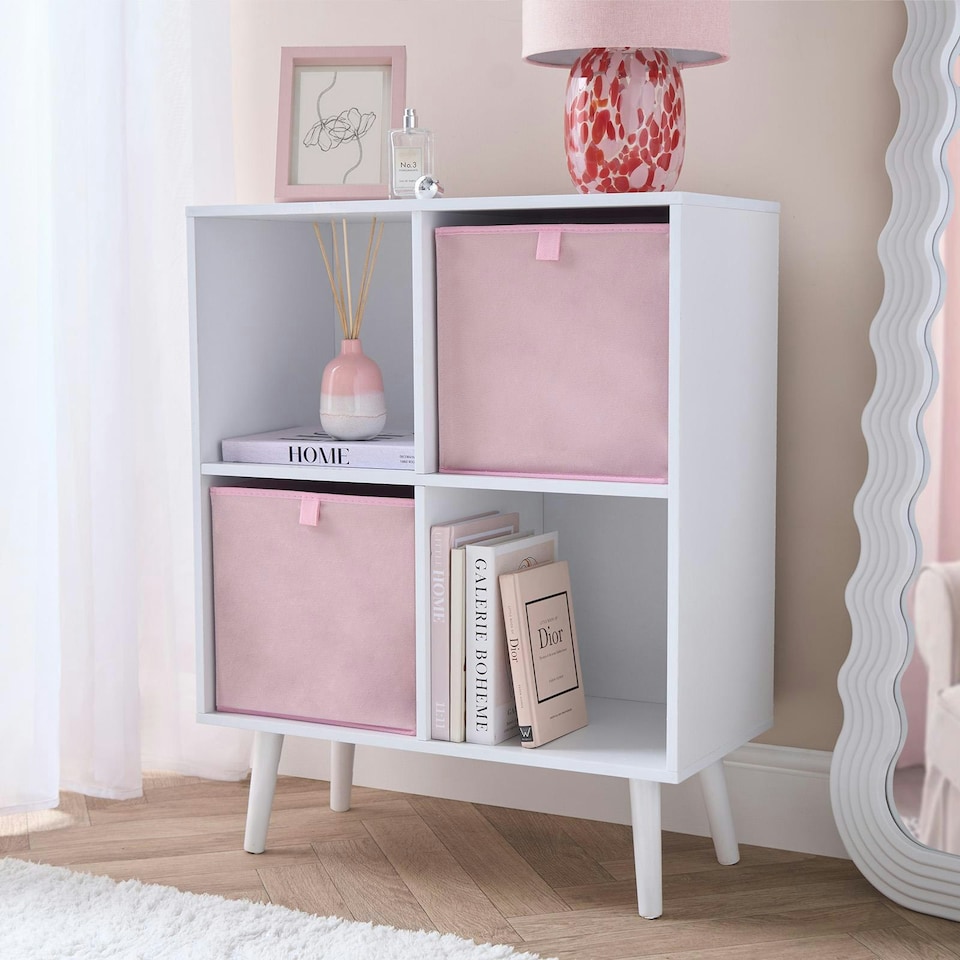 image 1 of OHS 2 Pack Folding Storage Cubes Soft Matte Velvet Collapsible Home Modern Storage Organiser Space Saving Square Ottoman Boxes Pink | Blush Pink