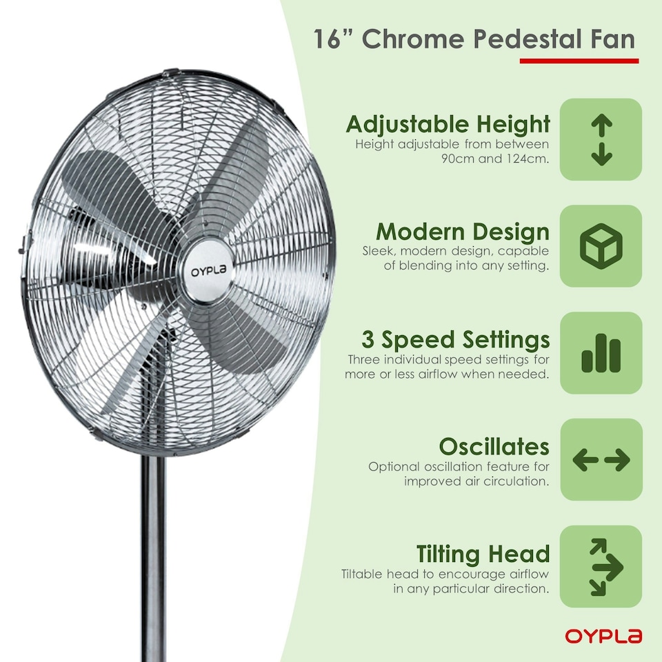 image 1 of Oypla Electrical 16" Inch 40cm Chrome Metal Pedestal 3 Speed Stand Fan Cooling