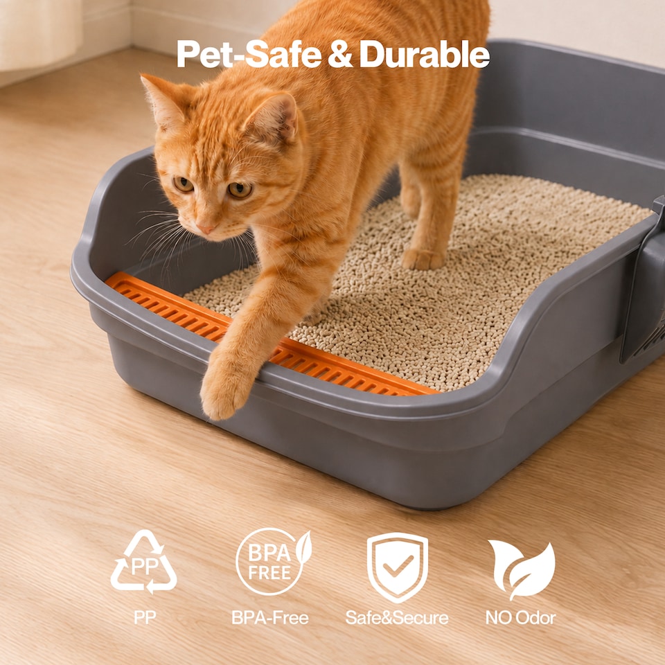 image 1 of Skylos Cat Litter Tray Spacious High Sided Low Entry Open Pan for Cats Grey