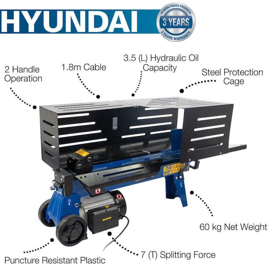 image 1 of Hyundai 7 Tonne Horizontal Electric Log Splitter with Hydraulic Ram, Steel Protection Cage 520mm Length Wood Chopper HYLS7000HE