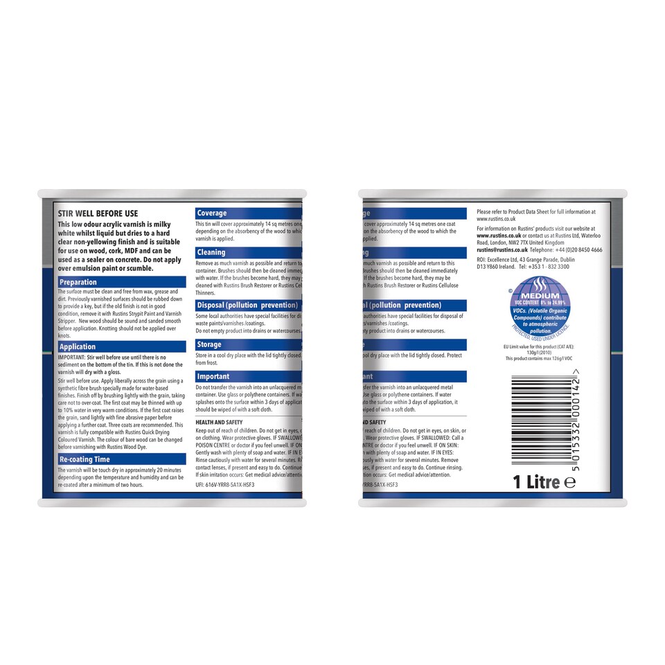 image 1 of Rustins Quick Dry Varnish Satin Clear 1 Litre - AVSC1000 | Clear | 1l | 1