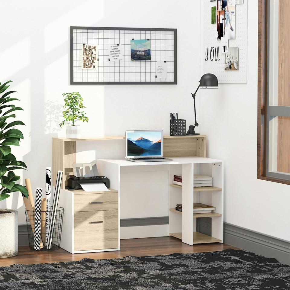 image 1 of HOMCOM Multi-Storage & Workstation Desk Table Storage Shelves Home Office Oak