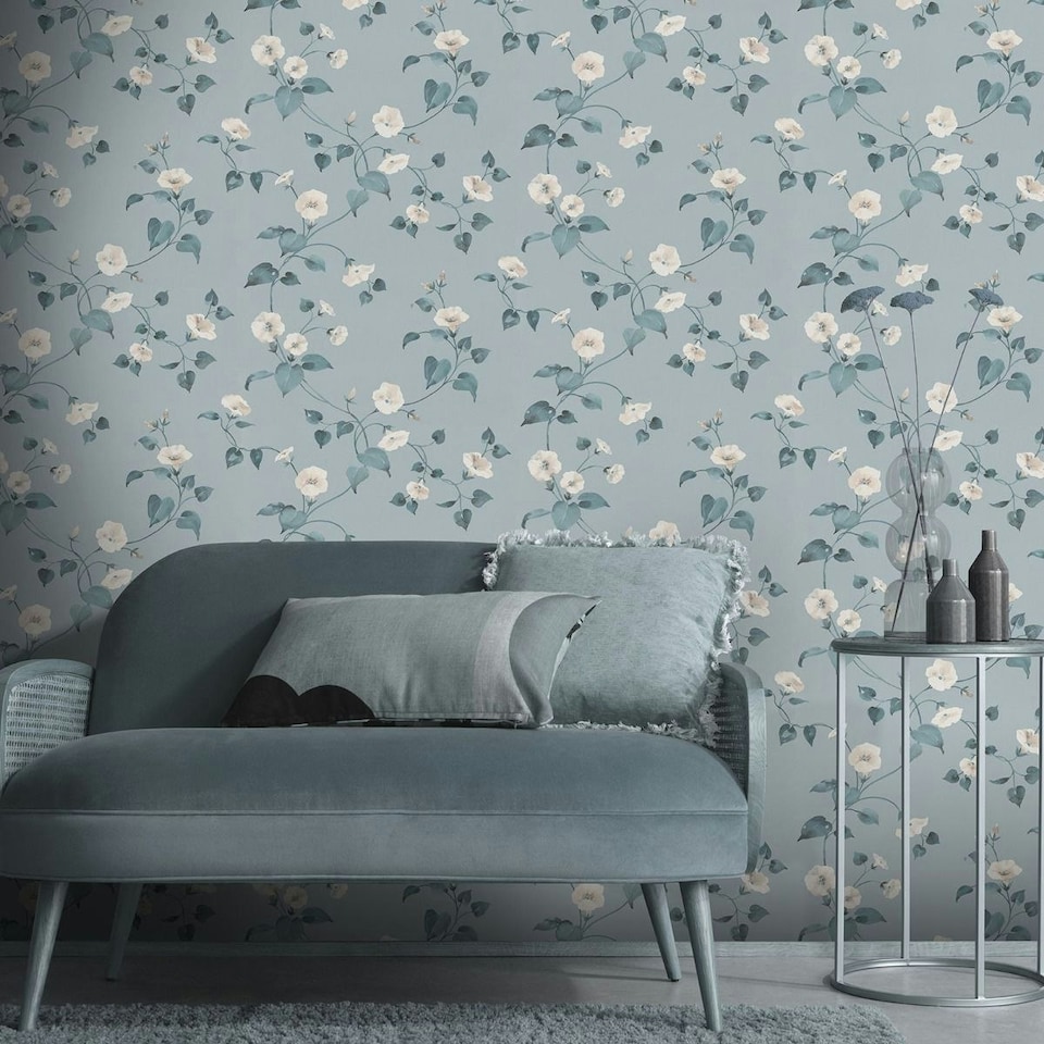 image 1 of Erismann Abode Laura Floral Trail Wallpaper - Duck Egg/Cream - 10m x 53cm Blue