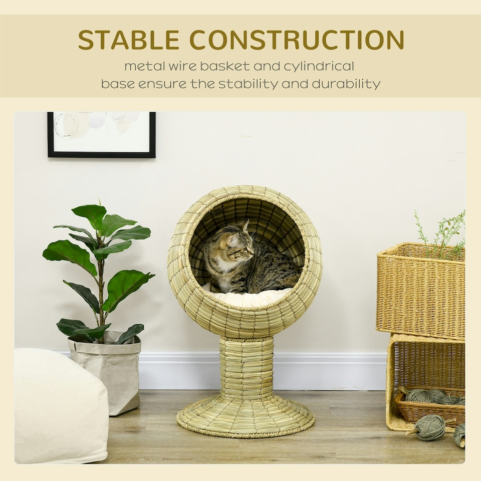 image 1 of PawHut Raised Cat House, Natural Mat Grass Cat Bed w/ Stand Cushion, Φ41x 69 cm