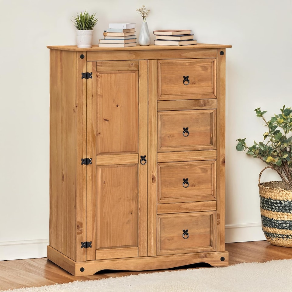 image 1 of Mercers Furniture Corona Tallboy 1 Door 4 Drawer Wardrobe Small Robe Children's Solid Wood Pine Wooden with Mexican Styling