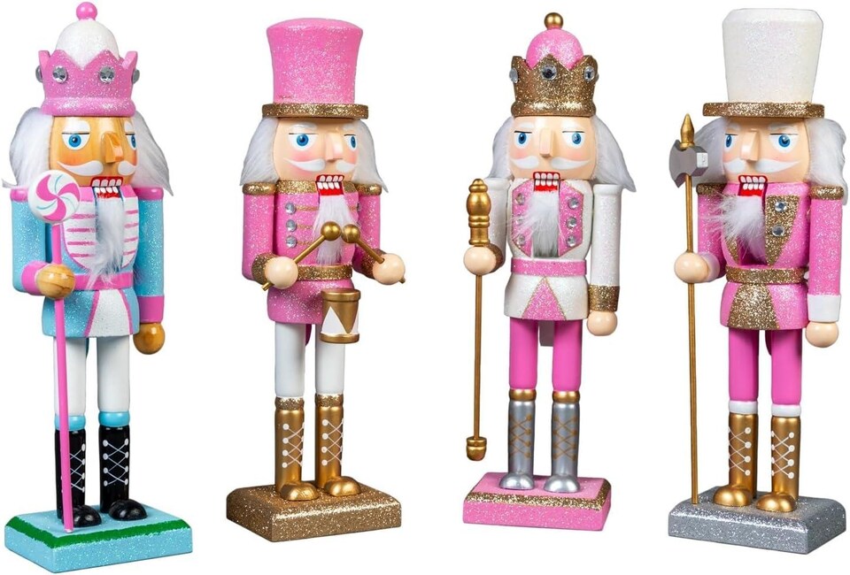 image 1 of 25cm Pink Wooden Nutcrackers Soldiers King Drummer Christmas Ornament 4pcs Set
