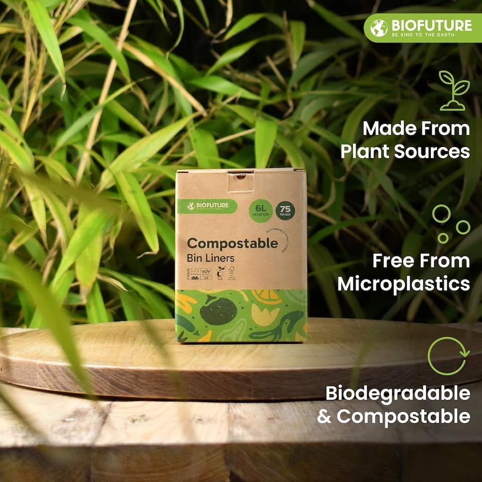 image 1 of Biofuture 6L x 75 Compostable Bin Liners | Home Compostable & Council Approved | Fits 5-7L Kitchen Food Waste Bins | EN13432 Certified & TUV Certified