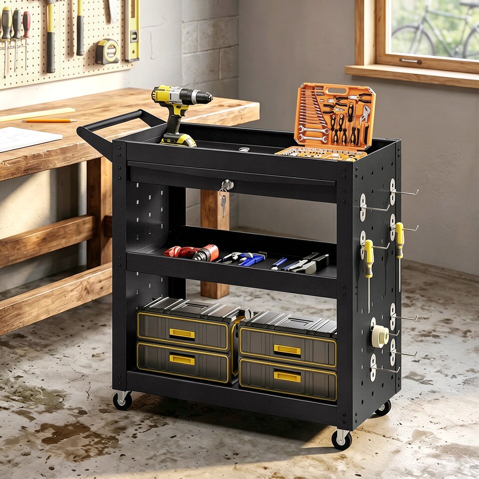 image 1 of HOMCOM Storage Trolley Wheel Cart with Lockable Wheels Black