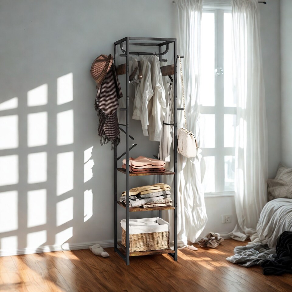 image 1 of Industrial Entryway Hall Tree Coat Rack Stand With Shoe Storage and Hooks