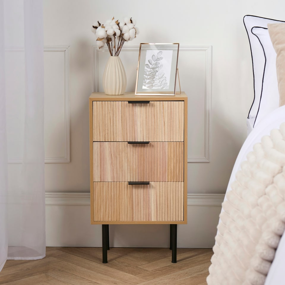 image 1 of OHS 3 Drawer Modern Ribbed Office Side Bedroom Nightstand Bedside Table Brown | Natural Wood