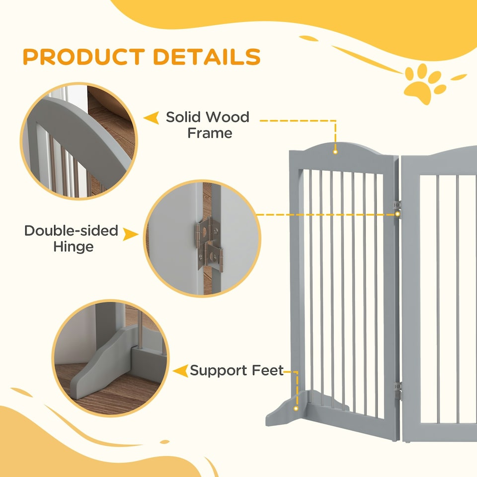 image 1 of PawHut Foldable Dog Gate, Freestanding Pet Gate with Two Support Feet - Grey
