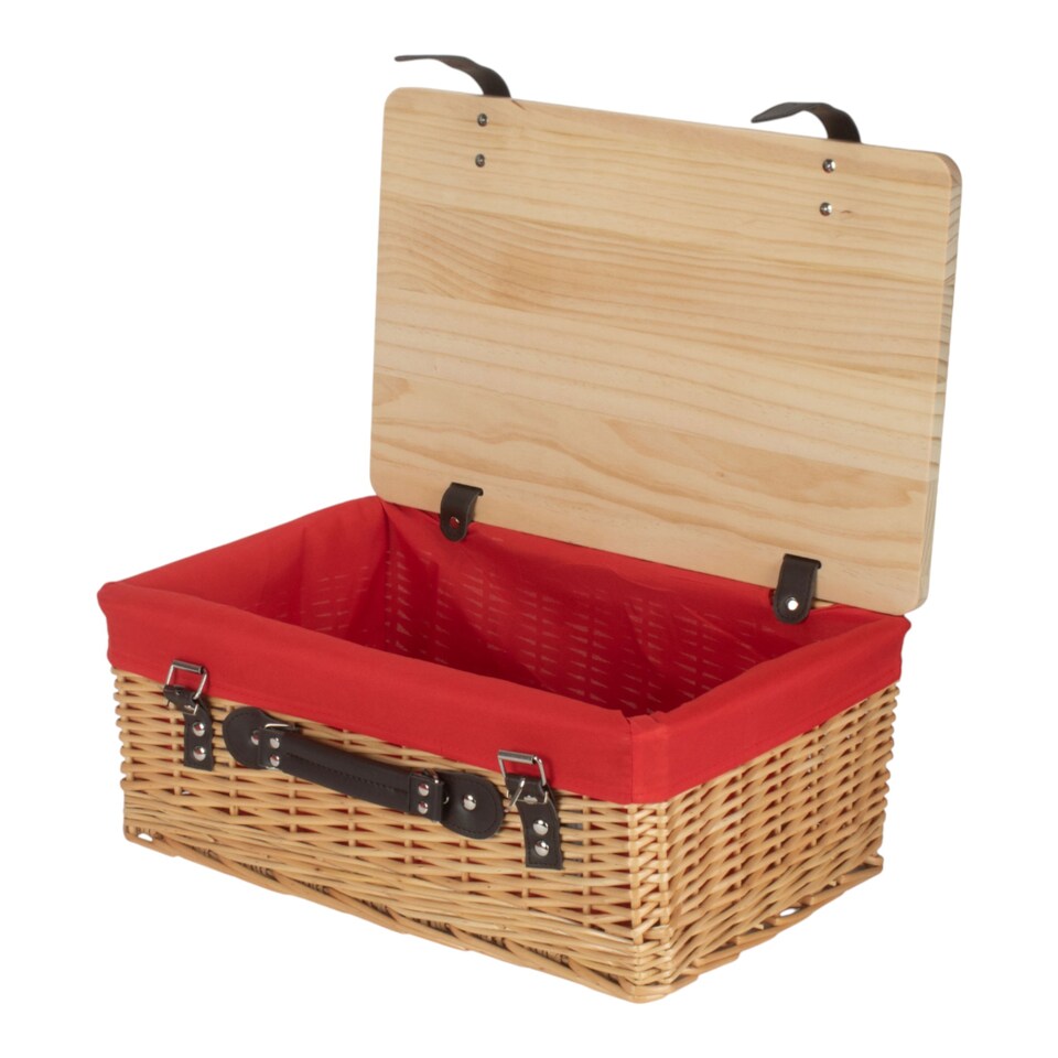 image 1 of 41cm Buff Red Lined Willow Empty Picnic Basket with Pinewood Lid | Brown | Red | M | 1