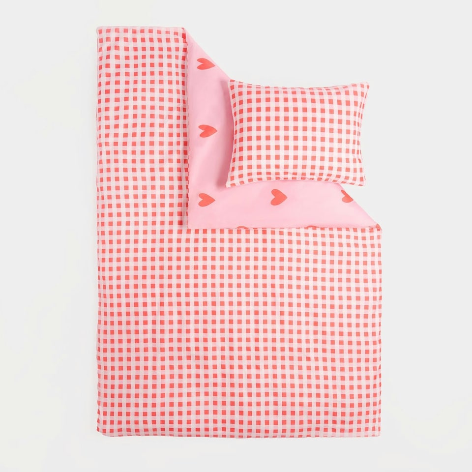 image 1 of OHS Gingham Hearts Reversible Print Duvet Cover and Pillowcase Set, Single - Coral/Pink